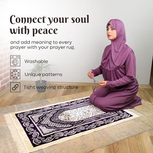 Velvet Muslim Prayer Rug Set with 99 Beads - Purple | Luxury Velvet, Classic Paisley Border Design, Thick Cushioned Janamaz, Non-Slip Backing, Travel Friendly, 99 Tasbeeh Included - color: Purple