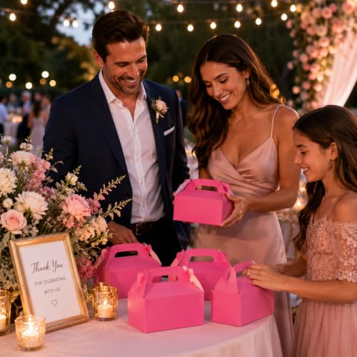 The Dreidel Company 25-Count Pink Gable Treat Boxes, Party Favors, 6.25" x 3.5" x 3.5" Inch Box, 25-Pack (Pink) - color: Pink