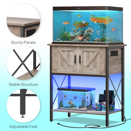 HOOBRO 20 Gallon Fish Tank Stand with Power Outlets and LED Light, Metal Frame Aquarium Stand, Reptile, Turtle Tank Stand with Cabinet Storage, 27.6'' L x 15.7'' W, 300 LBS Capacity, Greige BG40UDFT01 - color: Greige + Black
