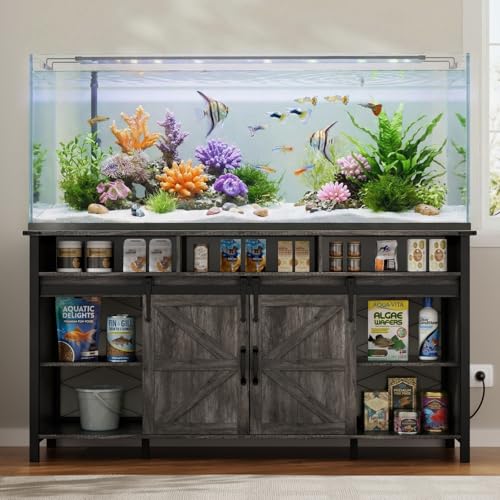 VOWNER 75-120 Gallon Fish Tank Stand with Power Outlet for 2 Tanks, Grey | Farmhouse Aquarium Stand with Storage Cabinet & Sliding Barn Doors, Heavy Duty Reptile Tank Stand, 1000LBS Capacity - color: Grey