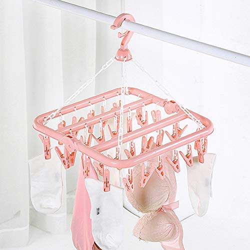 SteelFever Clothes Drying Hanger with 32 Clips, Foldable Hanging Drying Rack for Clothes Underwear Socks (Light Pink) - color: Light Pink
