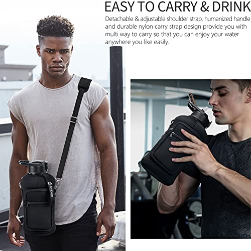 Fimibuke Half Gallon Water Bottle with Sleeve 64 OZ Water Bottle with Handle & Straw Leakproof Motivational Sports Gym Water Bottle with Time Marker BPA Free Water Jug with Reusable Neoprene Holder - color: A3.Black