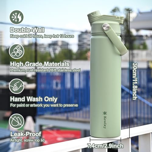 KEWIXY 24 oz Insulated Water Bottle, 2-in-1 Lid, Straw & Spout with Protected, Leak Proof, Keep Cold, Stainless Steel, Metal, Reusable, Handle, for Travel, Gym and School, 2 Lids, Sage Green - color: Sage Green, size: 24 Ounces