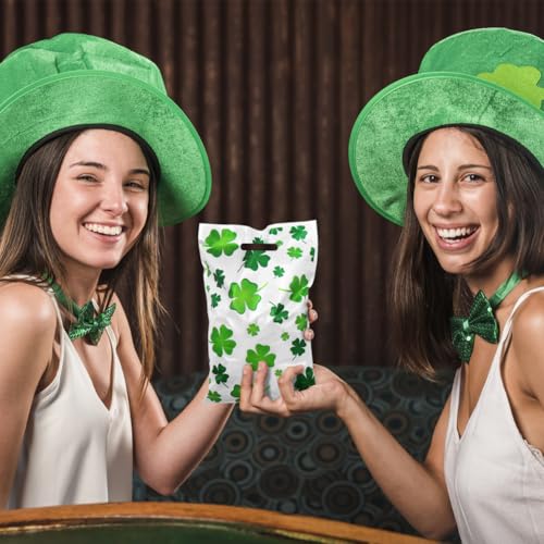 40pcs St. Patrick's Day Four-leaf Clover Gift Bags with Die Cut Handle, Green and White Double-side Color Print Lucky Cellophane Plastic Candy Cookie Treat Goodies Bag Saint Patricks Day Party Favor