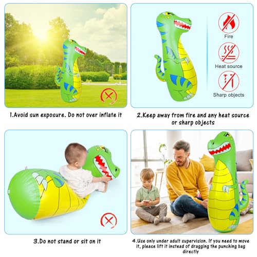 Punching Bag for Kids 47" Inflatable Dinosaur Bop Bag with Thicker Material Instant Bounce Back with Boxing Gloves Karate Kickboxing Taekwondo Kids Gift for Age 3-9 Girls & Boys - color: Green
