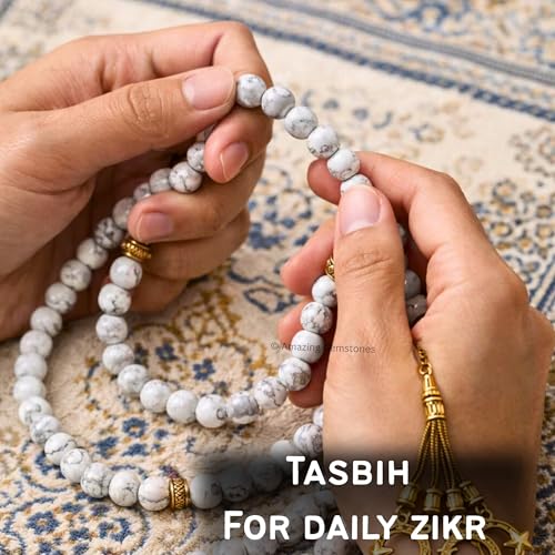 Amazing Gemstone Crystal Tasbeeh with Moon and Star Charm - Certified Crystal Muslim Prayer Beads Natural Gemstone Tasbih Gift for Ramadan Dhikr and Daily Namaz (G) - color: Howlite