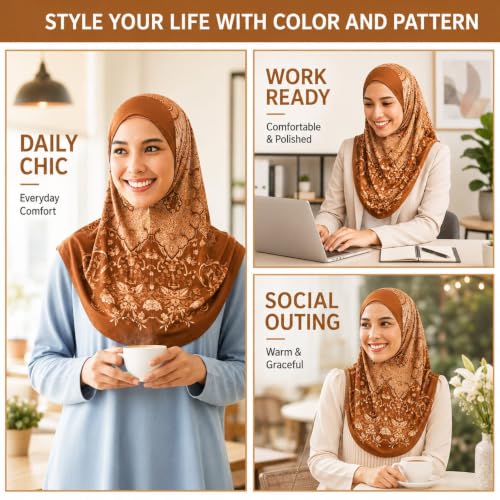 Instant Hijab – 여성용 원피스 슬립온 키마르 | 기도 및 단정한 착용을 위한 꽃무늬 프린트 저지 스카프 - color: Mg-j-706