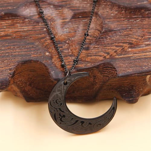 Stainless Steel Arabic Moon Pendant Necklace - Islamic Allah Symbol Jewelry for Men and Women - Religious Amulet Talisman Gift YA4979 - color: black moon pendant necklace