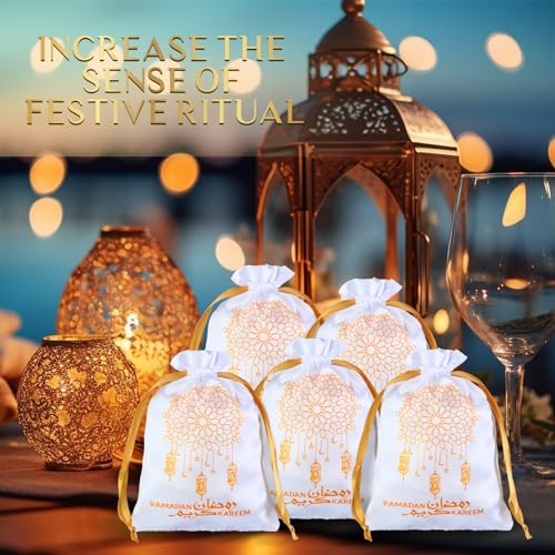 Coume 100 Pcs Eid Ramadan Mubarak Satin Gift Bags with Drawstring 5 x 7 Inch Silk Eid Party Favor Jewelry Pouches for Ramadan Supplies Candy Bags Muslim Party Decoration