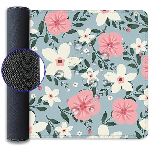 Retro White Pink Flowers Desk Pad Mouse Pad,Extended Large Gaming Floral Mouse Mat with Stitched Edges,Non-Slip Waterproof Rubber Base Mousepad for Office Work Home Desk Mat(27.5X11.8 in) - color: Retro Whitepink Flowers