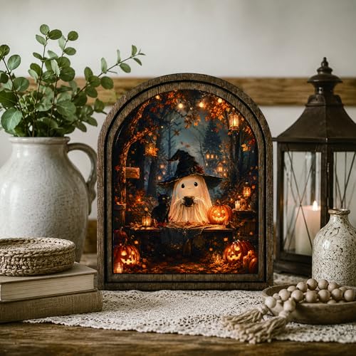 Ghost Witch Coffee Arched Decor, Halloween Cat Table Sign, 5.9x7.9 - color: Pumpkin Ghost