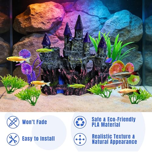 Aquarium Resin Castle Decor with 7 Pcs Artificial Plastic Plants, Fish Tank Decorations Accessories Set Landscaping Ornaments for Betta Guppies Shrimp Hideout Cave