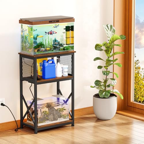 Snughome 10 Gallon Fish Tank Stand with Power Outlets, Aquarium Stand with Storage, 3 Tier Heavy Metal Reptile Tank Stand Fish Tank Shelf 20.47" x 11.42" x 30.91", Rustic Brown - color: Rustic Brown with Power Outlet