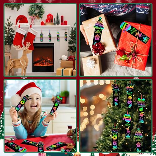JUNEBRUSHS 30Pcs Christmas Scratch Bookmarks, Rainbow Magic Scratch Paper Art Christmas Tree Santa DIY Crafts Kit for Xmas Hanging Ornaments Christmas Party Favors Gifts - style: Christmas Style