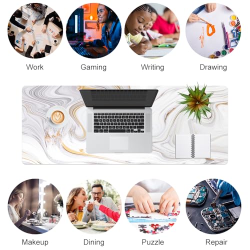 QiyI White Mouse Pad, Cute Marble Large Desk Mat, PU Leather Desk Protector Mousepad, Gold Grey Striped Waterproof Computer Keyboard Gaming Mouse Pads, Non Slip Extended Writing Pad 31.5" x 11.8" - color: Luxury Marble Ink, size: 31.5" x 11.8"