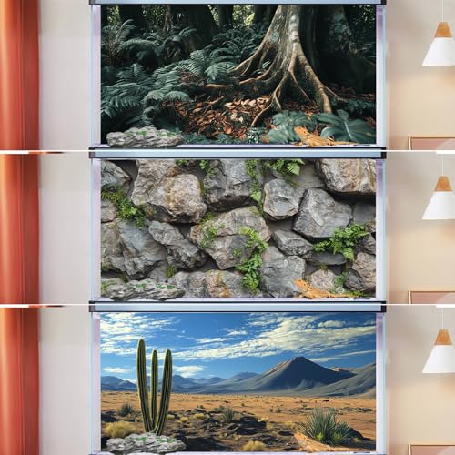 3 PCS Terrarium Background, 36x18 inch Polyester Reptile Backgrounds | Cloth Terrarium Background, Tropical Green Tree Fern & Gobi Desert Sunshine Cactus Rock Terrarium Background - size: 36x18 Inch