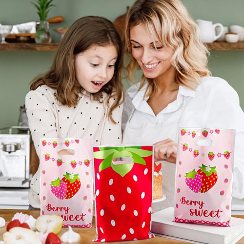 LERCTH Strawberry Themed Gift Bags, Berry Sweet Goodie Bags, Cute Pink Red Treat Bags for Fruit Birthday Party Supplies - color: Strawberry gift bags 30 packs