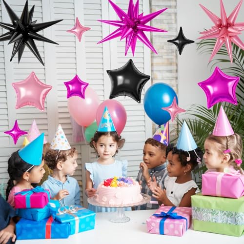 Black Hot Pink Star Balloons,16Pcs 22/18/10 Inch Foil Mermaid Decor Set - color: Black Hot Pink