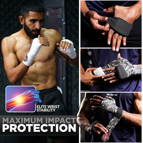 WYOX Boxing Hand Wraps & Gel Knuckle Guards Set for MMA, Muay Thai & Kickboxing - 2 Pair Hand Wraps + 1 Pair Knuckle Guards - Hand Wrist Protection for Men & Women Training - color: White/Black