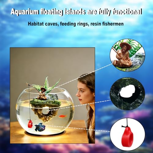 Resin Aquarium Floating Island Decoration, Fish Tank Floating Hiding Cave, Fisherman Decoration Accessory, Betta Fish Habitat, Suitable for Guppies, Rainbowfish and Hermit Crabs