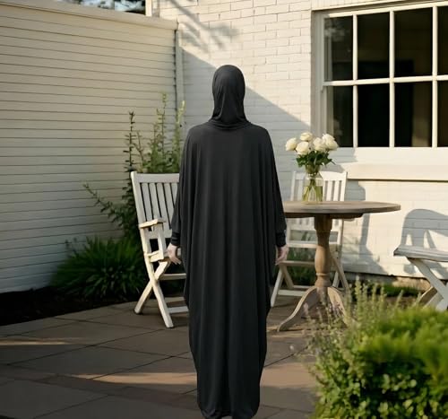 Women's Solid Muslim One-Piece Prayer Dress Abaya Kaftan with Hijab Full Length Dress - color: Black