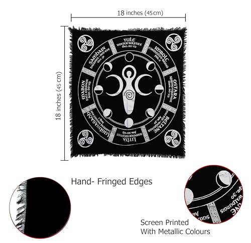 Indian Consigners Moon Phases Triple Moon Altar Cloth Celestical Tarot Deck Alter Tablecloth Sacred Place Moon Faces New Moon to Full Moon Cycle - color: Black-silver, size: 18" x 18" (Square)