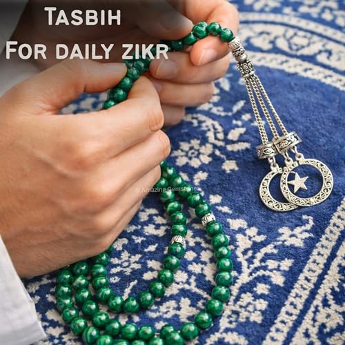 Amazing Gemstone Malachite Tasbeeh with Moon and Star Charm - Certified Crystal Muslim Prayer Beads Natural Gemstone Tasbih Gift for Ramadan Dhikr and Daily Namaz (S) - color: Malachite