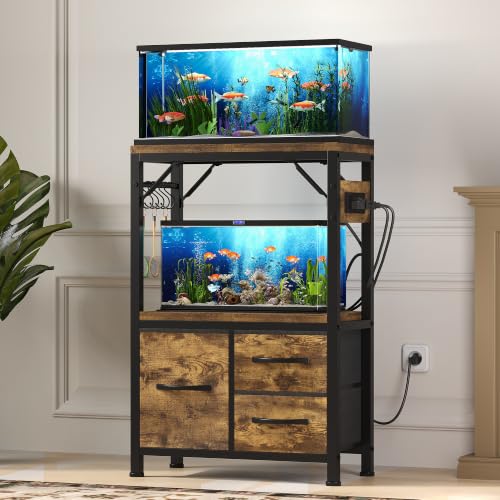 Heybly 5-10 Gallon Fish Tank Stand, Aquarium Stand with Drawer, Power Outlet, Heavy Duty Metal Frame, for Fish Tank, Turtle & Reptile Terrarium, 20.5" × 10.2" Top, 200lbs, Rustic Brown HAS002SSR-1 - color: Rustic Brown, size: 5-10 gal
