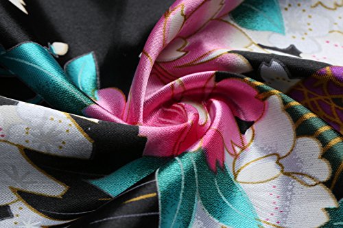 BABEYOND Women's Kimono Robe Long Satin Robes with Peacock and Blossoms Printed Kimono Nightgown - color: Black, size: One Size Plus