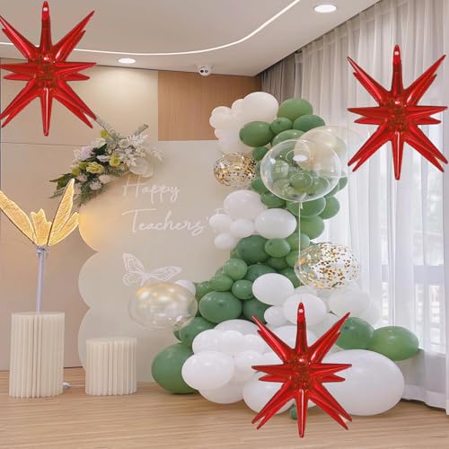 6 Pcs Red Star Foil Balloons One-Piece 14-Pointed Star Balloon 4D Cone Mylar 22inch Christmas Birthday Wedding Fireworks Shape Party Supplies (Red) - color: Red