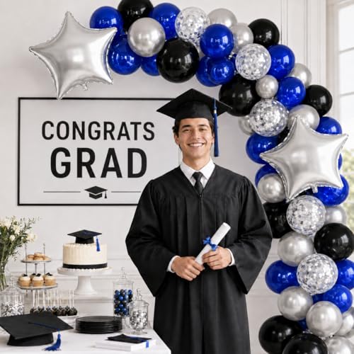 Blue and Black Balloons with Silver Star Foil Balloons for Birthday Party - color: Blue and Sliver, size: 30PC