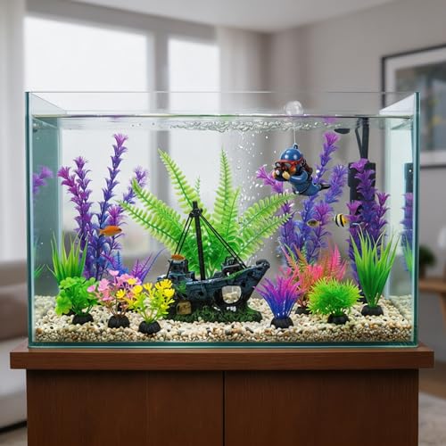 Ameliade Fish Tank Decorations & Aquarium Plastic Plants Accessories Set | 13 Soft Artificial Plants, Floating Diver and Shipwreck Decor, Betta Goldfish Sunken Ship Fish Bowl Ornaments