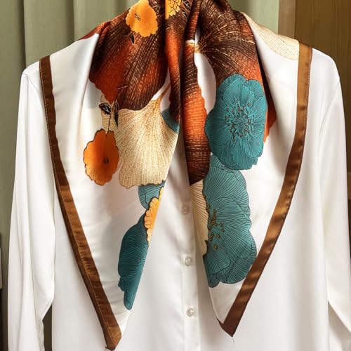FONYVE Silk Feeling Scarf Medium Square Satin Head Scarf for Women 27.5 × 27.5 inches - color: 03 Orange & Brown Flowers