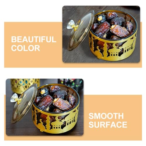 Ciieeo Ramadan Serving Trays 2pcs Round Candy Dish with Lid Metal Eid Mubarak Snack Tray Sugar Storage Bowl Islam Plate Muslim Party Table Decor Golden