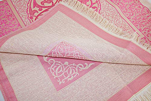 ihvan online Muslim Prayer Rug and Prayer Beads with Elegant Design Cylinder Gift Box, Janamaz, Soft Sajadah, Islamic Gifts Set, Portable Prayers Carpet Mat, Taffeta Fabric, Pink - color: Pink