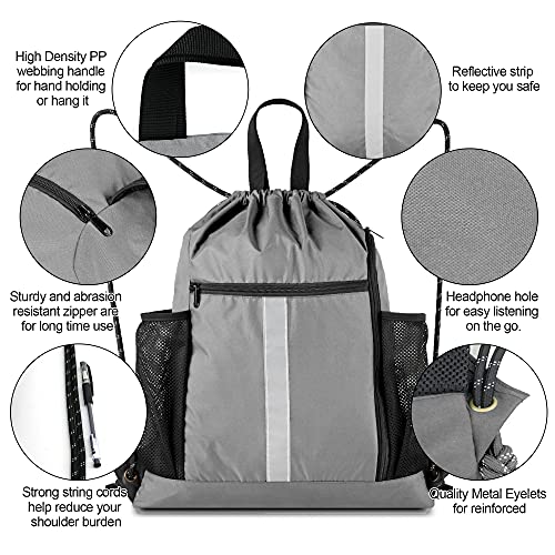 BeeGreen Grey Drawstring Bag Pack Gym Sackpack w Shoe Compartment Two Water Bottle Holder Portable String Sinch Sack for Gymnastic Athletic Beach Travel - color: Grey, style: Drawstring With Shoe Compartment
