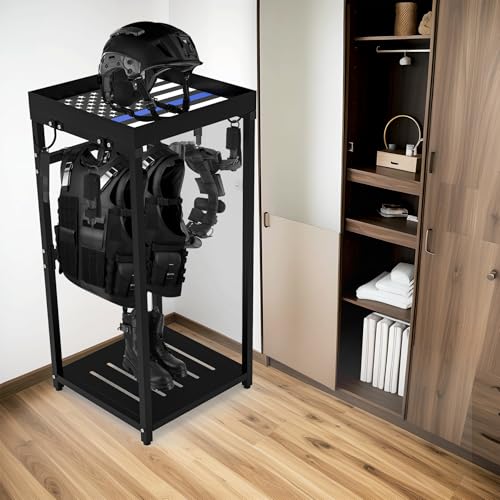 Neoaider Police Gear Rack, Police Hanger with Hooks | Tactical Duty Gear Rack Decor with Thin Blue Line Flag, Black Body Armor Stand for Police Gift - size: Police Gear Stand