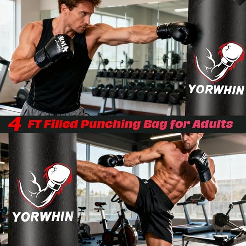 Filled Punching Bag for Adults, 4FT PU Leather Hanging Boxing Bag with 11lb Sponge Filler & 12OZ Boxing Gloves, Heavy Kicking Bag Boxing Equipment for MMA Training Karate Kickboxing - style: Boxing Arms