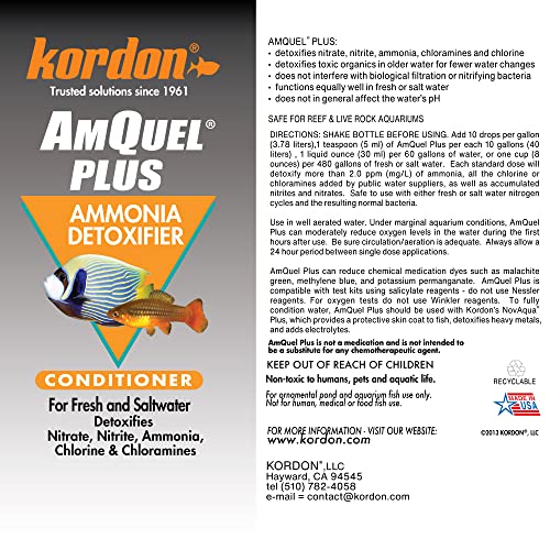 Kordon AmQuel Plus Aquarium Water Conditioner - Instantly Detoxifies Ammonia, Nitrite, Nitrate, and Chlorine Remover for Freshwater & Saltwater Aquariums, 16 Ounces (Pack of 2) - size: 16 Ounces (Pack of 2)