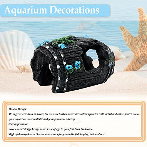 1pcs Aquarium Decorations——Resin Broken Barrel Fish Tank Ornament, Fish Tank Decorations for Fish Cave Hide Hut(Black)
