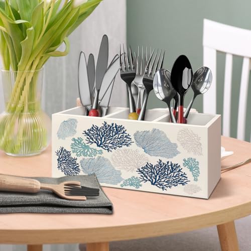 Blue Coastal Wooden Pen Pencil Holder for Desk Accessories, Beach Lover Gifts, Beach Office Decor, Ocean Coastal Coral Wood Makeup Brush Toothbrush Holder Organizer for Vanity Bathroom