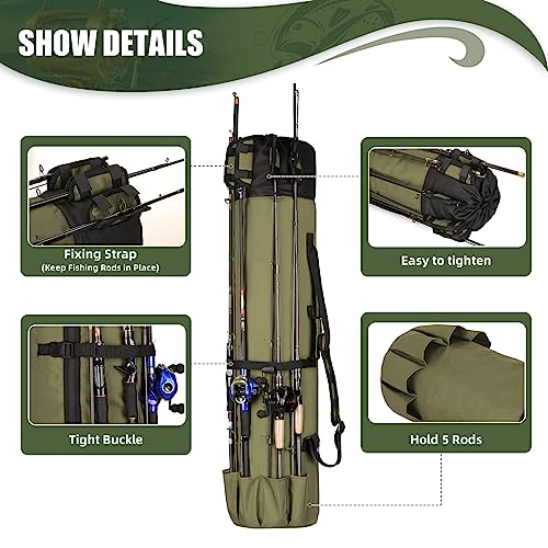 Fishing Pole Bag Rod Case, Folding Fishing Pole Bag Fishing Gear | 900D Oxford Fabric Fishing Pole Case, Large Capacity, Holds 5 Fishing Poles with Reels, Lightweight Fishing Gifts for Men Boy - color: Green