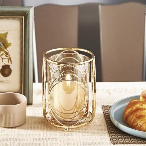 Gold Hurricane Candle Holder with Metal Frame, Windproof Thickened Glass Lid & Geometric Cutouts for Weddings, Parties, Home Decor - size: Large