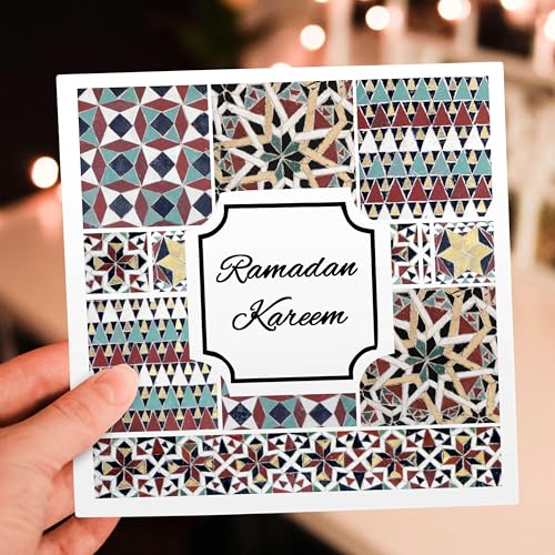 3dRose Ramadan Kareem - Blessed Happy Eid Wish - Red Mint Turquoise Mosaic 1 Greeting Card with envelope