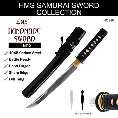 Hand Forged 1045 Carbon Steel Musashi Crest Tanto Full Tang Sword | hand-sharpened for tameshigiri, wavy temper, bo-hi groove, openwork guard, rayskin grip
