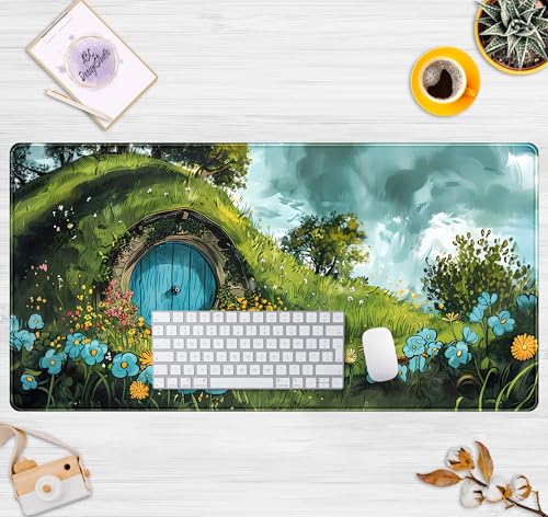 Cute Landscape Cartoons Desk Mat Aesthetic Gaming Mouse Pad XXL Large Extended Green Sage Desk Pad, Laptop Keyboard and Mouse Mat, Computer Desktop Mat Playmat, Women Desk Decor Pad 31.5x15.7 in - color: Green Landscape Cartoons