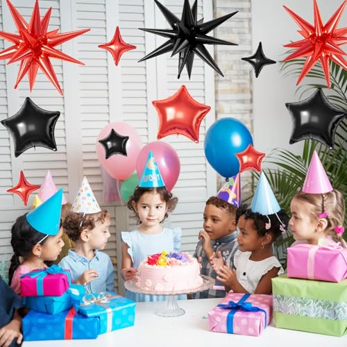 Red Black Star Balloons,16Pcs 22/18/10 Inch Foil Casino Prom Decor - color: Red Black
