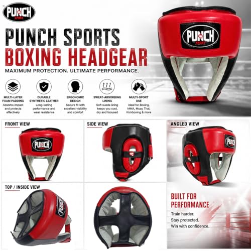 Punch Sports Boxing Headgear with Cheek Protection โ Synthetic Leather Sparring Head Guard with Multi-Layer Foam Padding for MMA, Muay Thai & Kickboxing - size: Medium