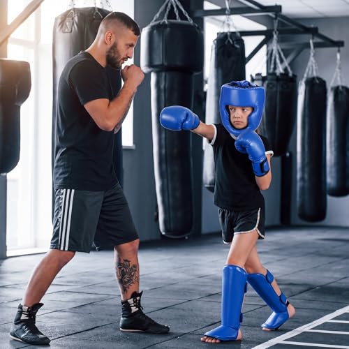 Arrowbash 5 Pcs Boxing Guards Set for Kids with Sparring Headgear, 6oz Boxing Gloves and Leg Shin Guards Wrestling Headgear for Youths Teens Boys Girls Kickboxing Karate Muay Thai BJJ Training - color: Blue