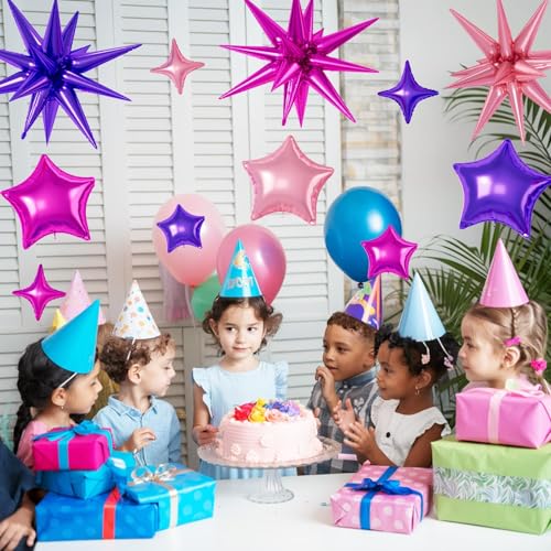 Hot Pink Purple Star Balloons,16Pcs 22/18/10 Inch Foil Princess Decorations - color: Hot Pink Purple